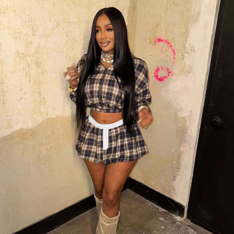 New Fashion Millennial Girl Grid Print Zipper Jacket Top With Puff Short Skirt Set B5
