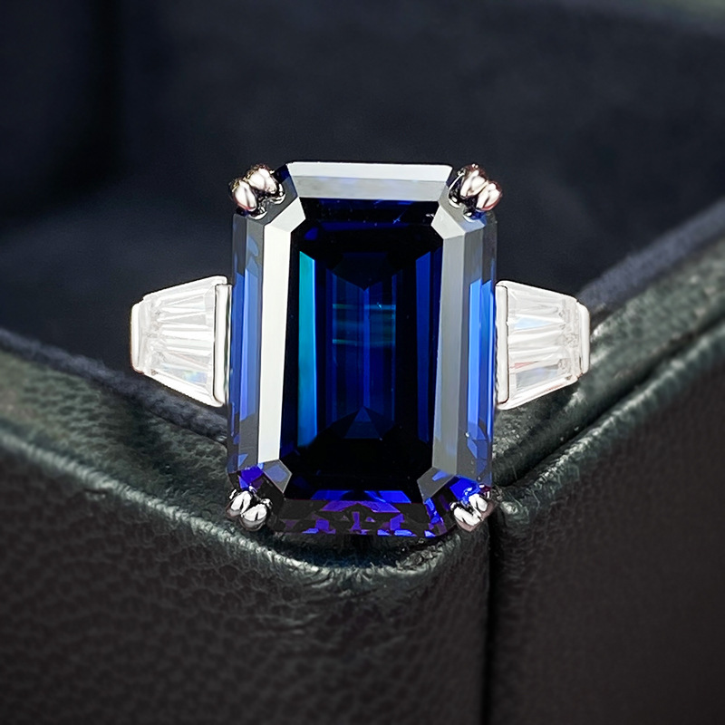 S925 Sterling Silver Emerald Cut Ring 10x14mm Royal Blue Gemstone