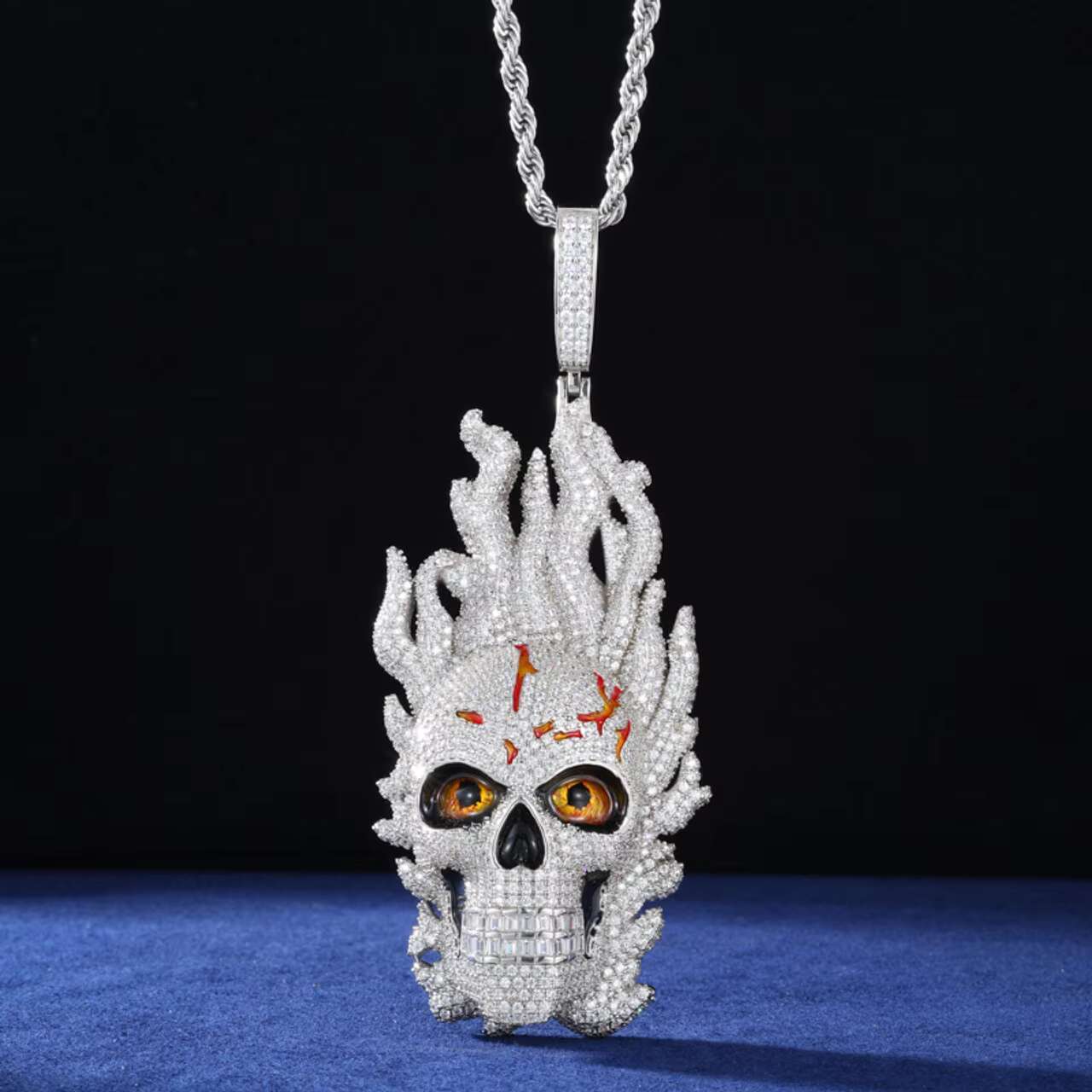 New Arrival 925 Solid Iced Out Moissanite Fire Skull Pendant Necklace Hip Hop Style Stylish and Unique