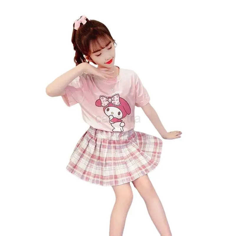 Sanrio Girl Sanrios Child Suit Summer Clothing Student Anime Round Collar T-Shirt Lattice Short Skirt Cartoon Two-Piece Set KawaiiXJ250618