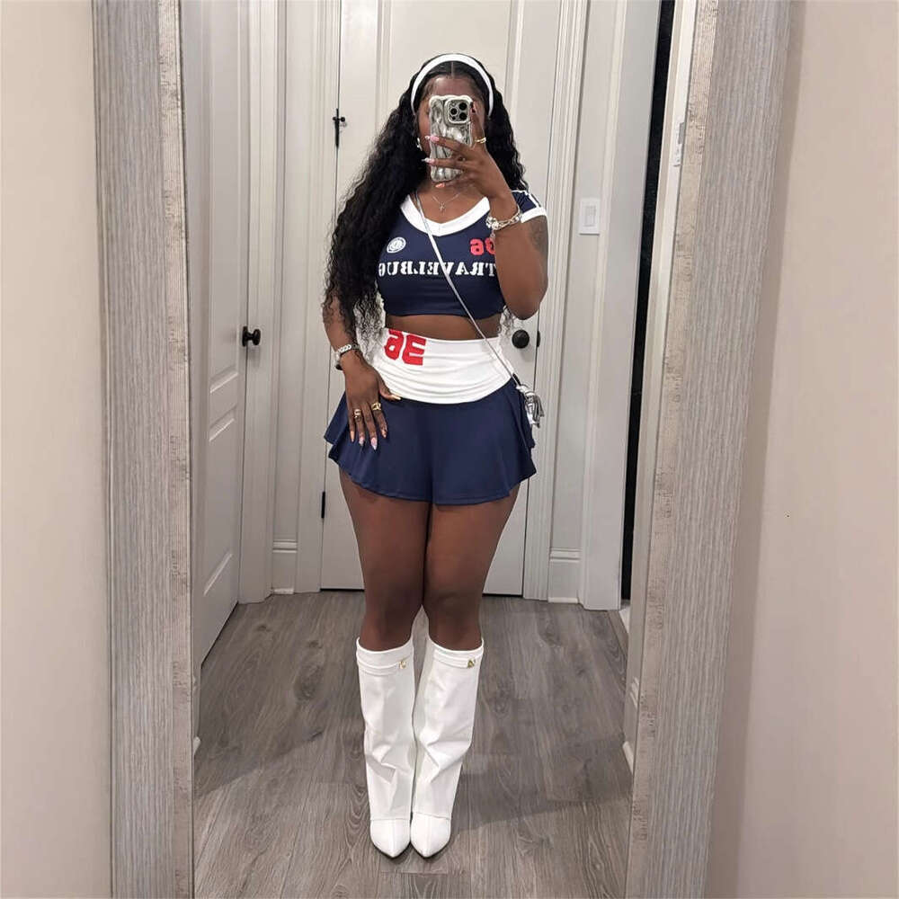 Summer American Style Spicy Girl Short Letter Print Color Block Strap Waist Skirt Set For Women B5