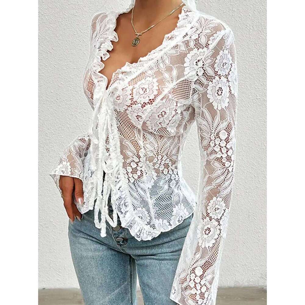 Women Gothic Lace Shrug Crop Tops Flare Long Sleeve Vintage Shirts Blouses For Cosplay Role-Playing Party Halloween Costume
