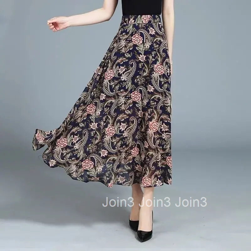 Chiffon Midi Skirts for Women Floral Y2k Vintage Harajuku Stylish Premium High Quality 2025 Trend Summer Cheap V Woman Skirt