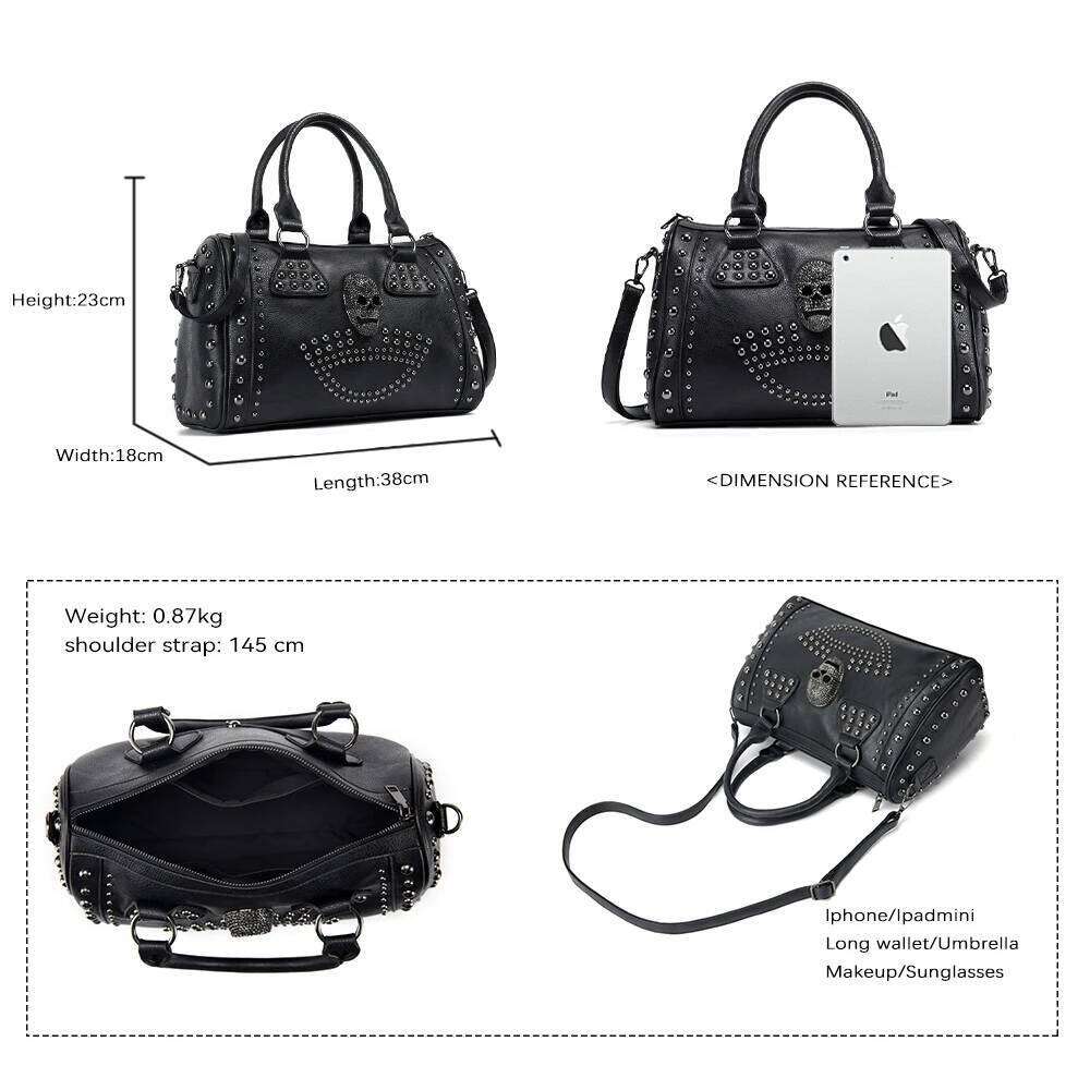 Annmouler Women's 2022 Trend Large Capacity Boston Black Skull Handbag Pu Leather Tote Bag Rivet Crossbody Purse