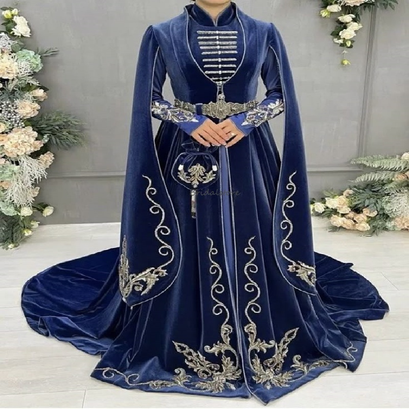 Ottoman Navy Tukish Circassian Wedding Dress 2025 Long Sleeve Beaded Arabic Velvet Caftan Bride Dress Muslim Pakistani Moroccan Vestio De Novias Arabi