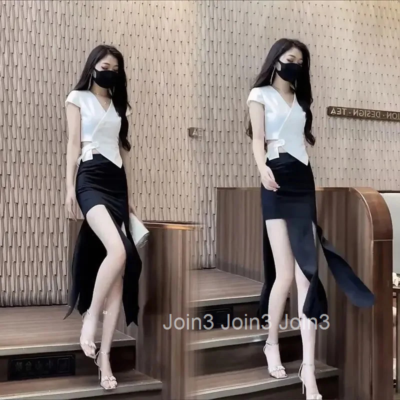 Slit Skirt Short Sleeve 2 Pieces Sets for Women Sexy Woman Outfit Clothing Trend 2025 The New Function of Matching Korea Co Ord