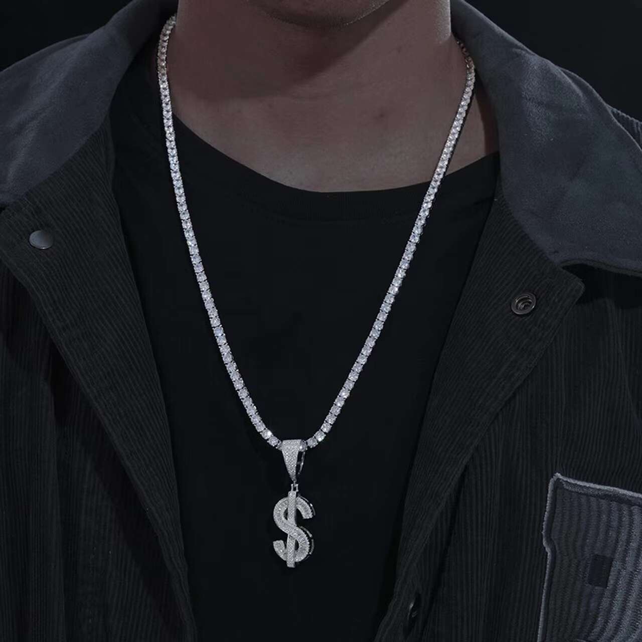 Solid 925 Silver Hip Hop Style Moissanite Pendants Charms New Design Blinged Baguette Dollar Sign Pendant Chain Necklace Comes
