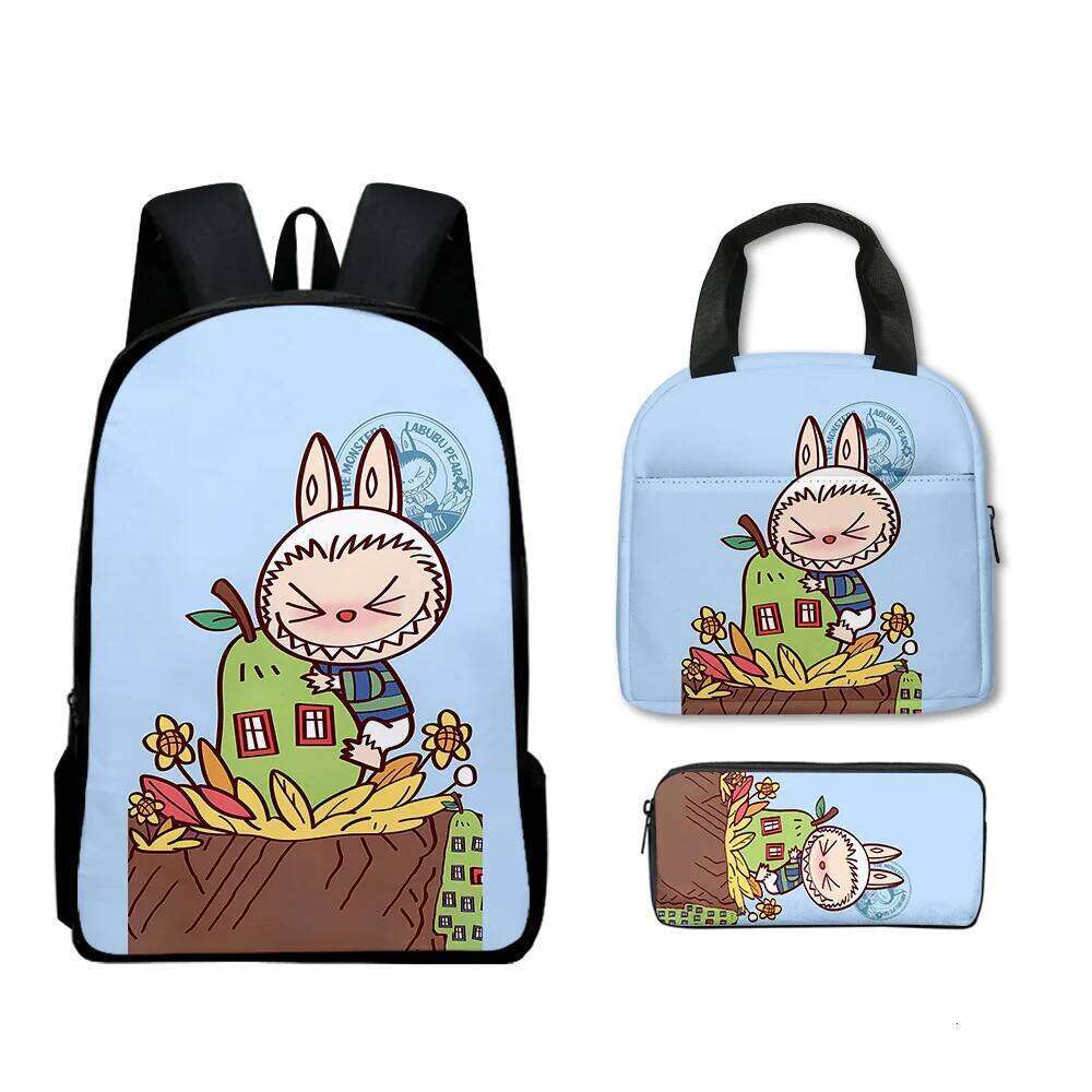 Popular Youthful Novelty Labubu 3D Print 3pcs/Set Travel bags Laptop Daypack Backpack Portable Lunch Bag Pencil Case
