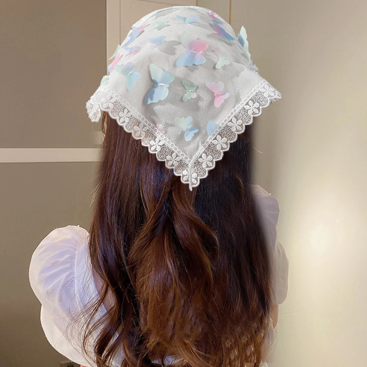 AWAYTR Floral Print Hair Scarf Bohemia Bandana White Hair Band Colorful Butterflies Triangle Scarf Kerchief Women Girl Headscarf 250617