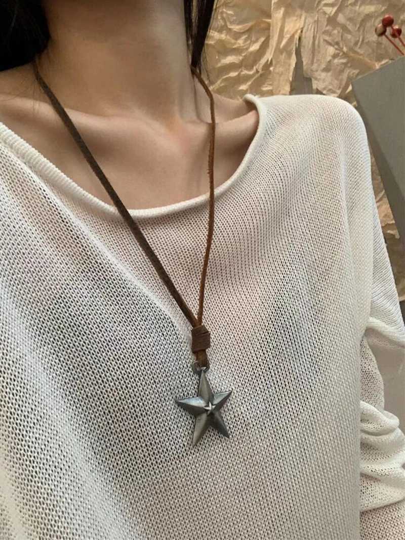 Retro Leather Rope Punk Star Pendant Long Necklace Female Niche Design Personality Adjustable Drawstring Accessories JewelryTide W250618