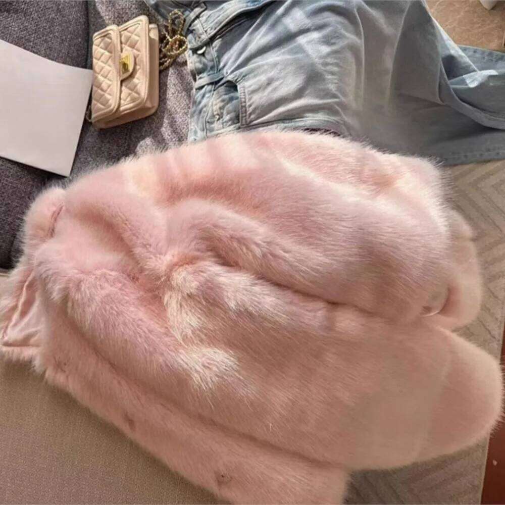 Winter CUTE Pink Turn down Lapel Hairy Shaggy Faux Fur Coat Women Covered Buttons Full Sleeve Furry Warm Jacket Short Outerwear