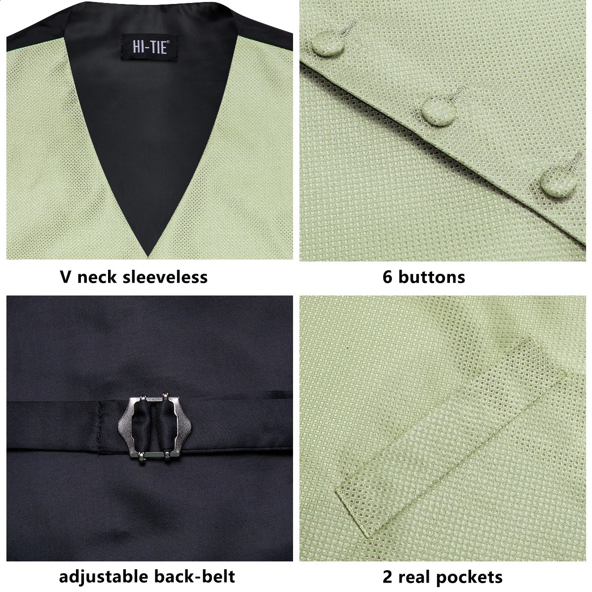 Hi-Tie Sage Green Solid Silk Mens Suit Vests 4PC Woven Waistcoat Tie Pocket Square Cufflinks Business Wedding Dress Waist Jacket 250614