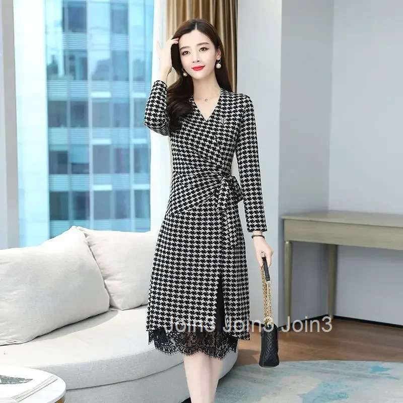 Korean Style Womens Long Sleeve Dresses Splicing Female Dress Lace Kpop Sensual Sexy Elastic A Line Elegant Chic One-piece Xxl