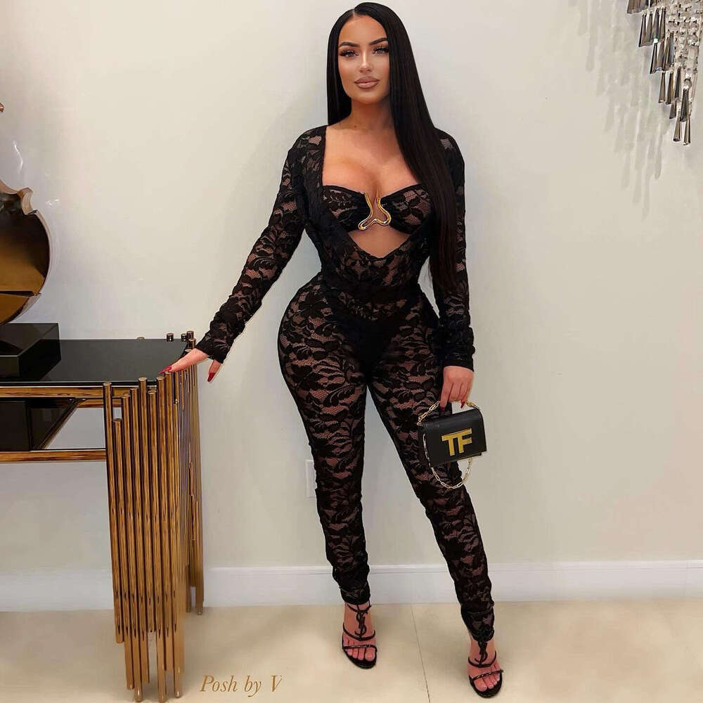 New Fashion Lace Embroidery Hollow Out Slim Fit Sexy Metal Design Long Sleeve Jumpsuit B5