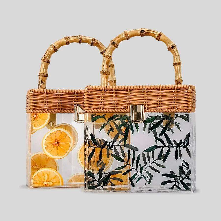 Fashion Transparent Box Women Handbags Vintage Rattan Bamboo Handle Hand Bags Handmade Summer Beach Bag Retro Party Purses 2023