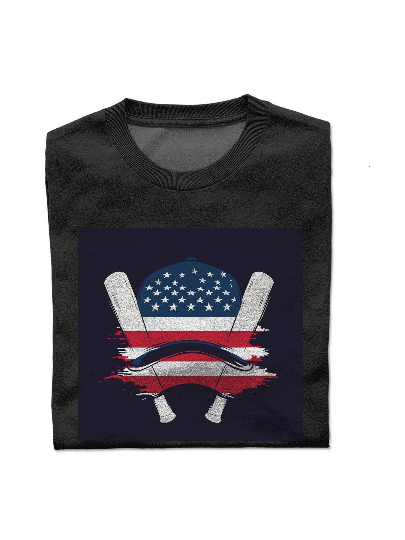 a T-shirt with an american flag and hockey sticks on it S-3XL Round collar