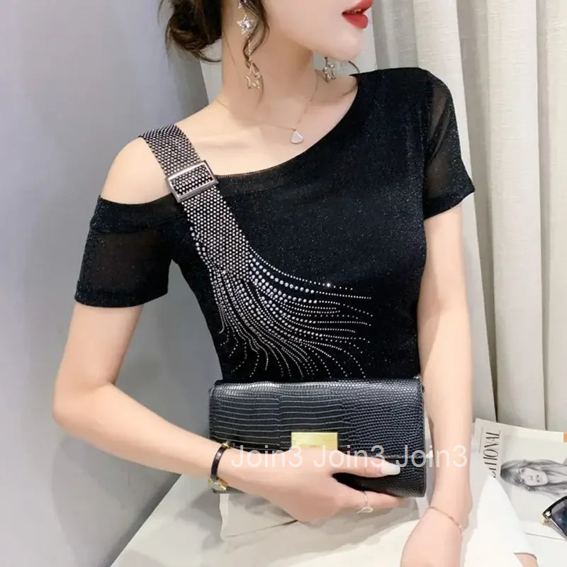 Off Shoulder Female Top Sequin Womens T-shirt Aesthetic Clothing Elegant Polyester Youthful Clothes Korean Streetwear Tee Y2k