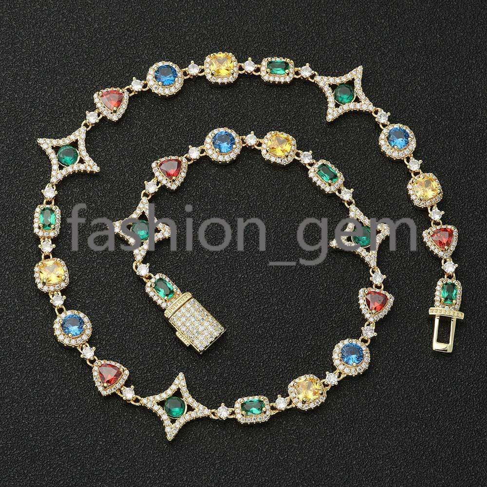 New Arrival Colorful Gemstone Chain for Women 18K Gold Plated Colored moissanite Geometry Motif Link Necklace Hip Hop Jewelry