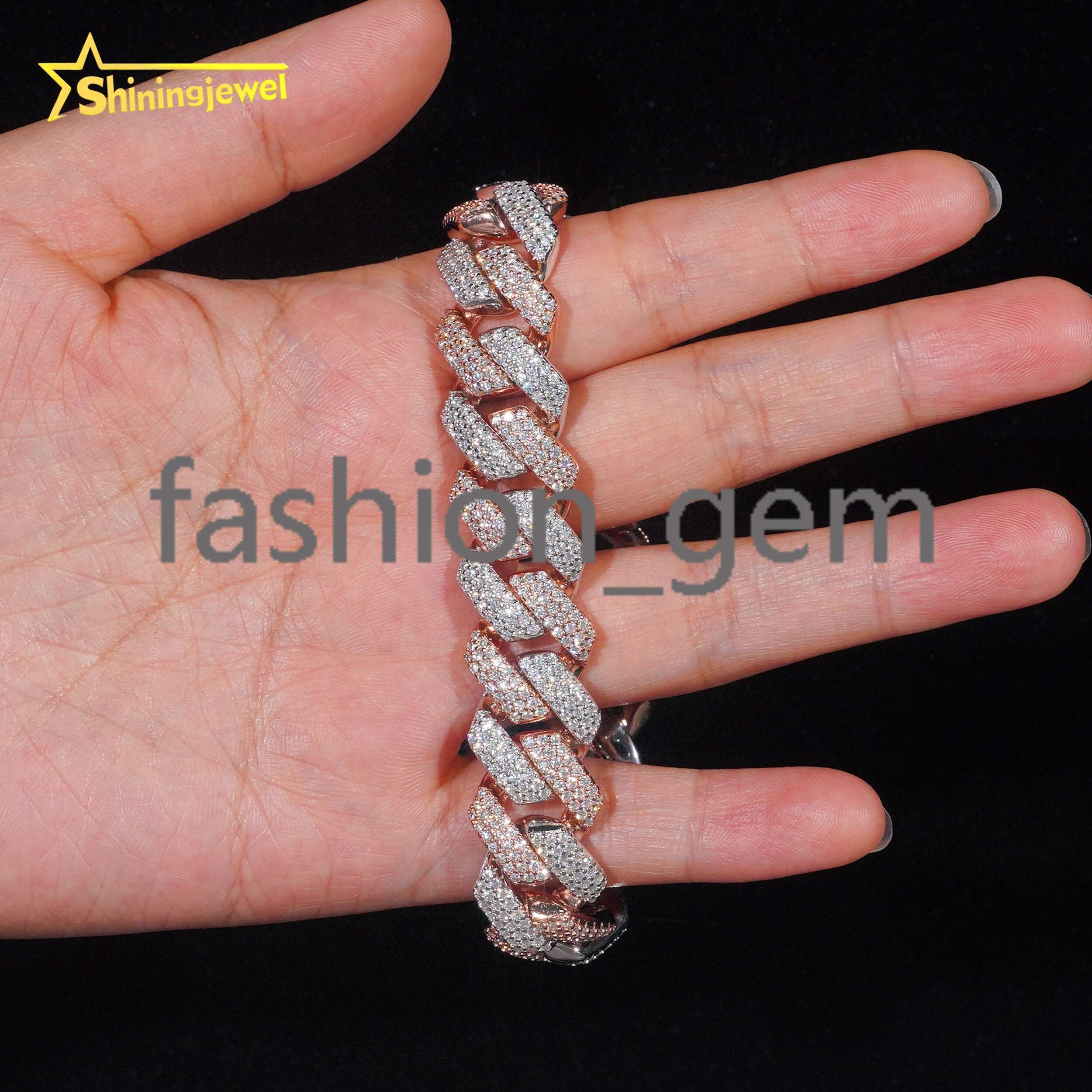 Two Tones Silver Rose Gold 15mm Moissanite Cuban Link Bracelet Hip Hop Moissanite Cuff Bracelet for Unisex Fashion