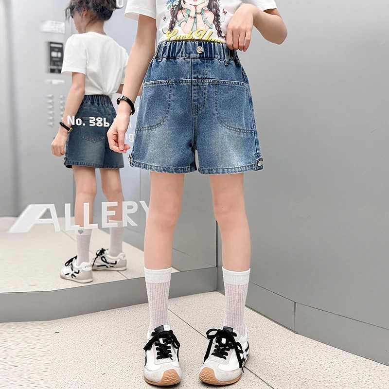 Girls one-line bag denim shorts 2025 new summer thin fashion jeans casual sports shorts 5-15 years oldC250617