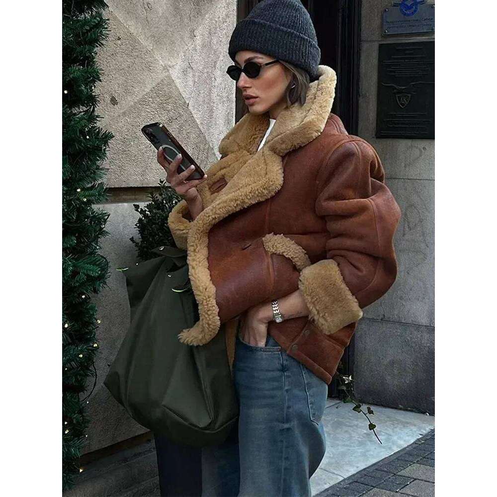 Fur One-Piece Coat Lamb Wool Leather Thickened Warm Patchwork Maillard Vintage Motorcycle Jacket Women Overcoat Outwear