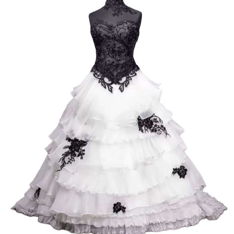 Gothic Black And White Wedding Dresses Lace Appliques Beading Strapless Sweetheart Long Tiers Bridal Gown Vintage Vestido De Novia Back Lace-up