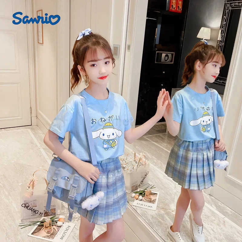 Sanrio 2024 Summer Childrens Clothes Kawaii Miniso My Melody Cinnamoroll Girl T-Shirt JK Plaid Pleated Skirt Anime Cartoon Uniform Set XJ250618XJ25061