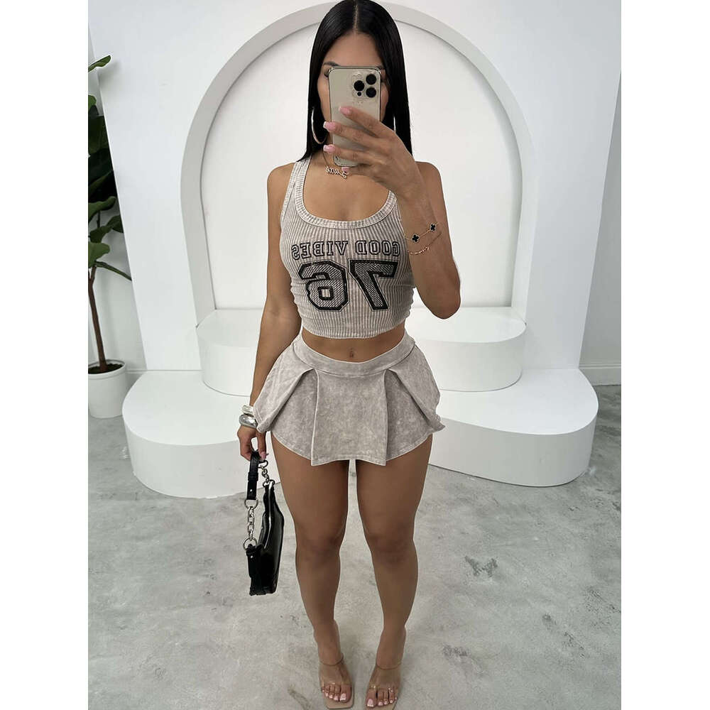 Summer New Letter Ribbed Tight-Fitting Spicy Girl Short Vest Top Pleated Skirt Set B5