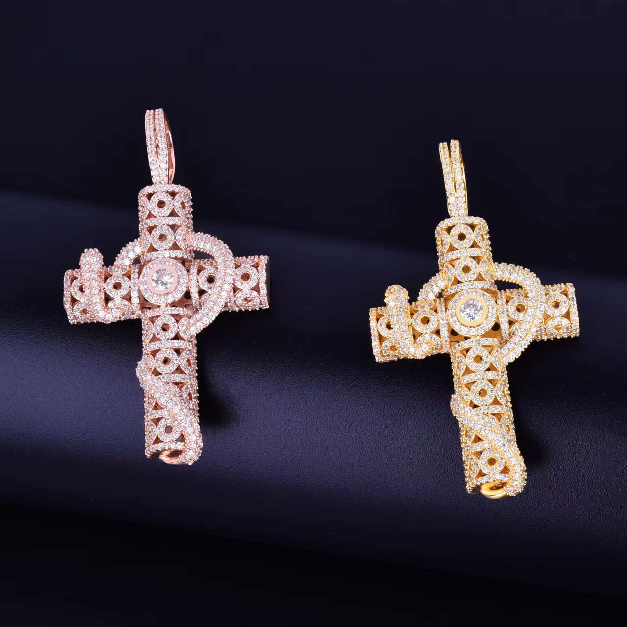 Rose Gold .925 Silver Snake Serpent VVS Diamond CZ Moissanite Cross Pendant Charm