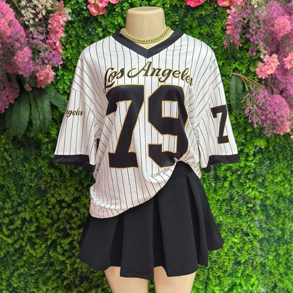 New Casual Fashion Loose Street Print Trendy V-Neck Short Sleeve Top Sports Style Striped T-Shirt B5