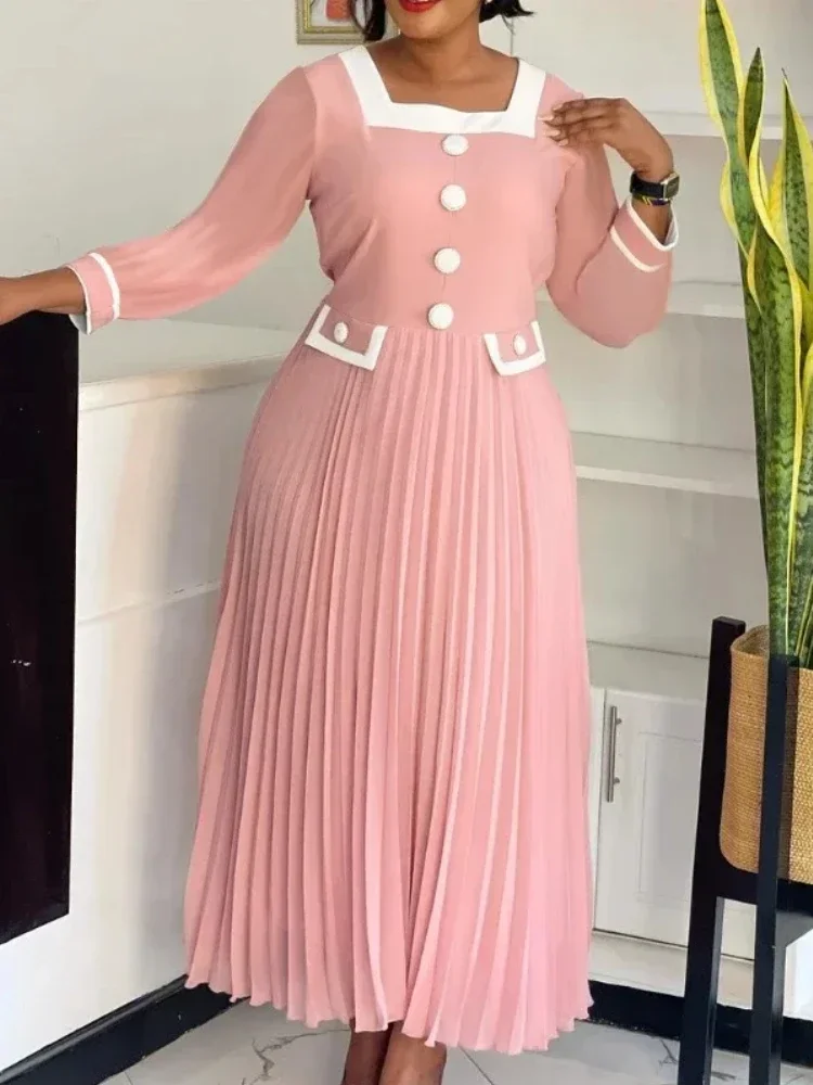 Women's Sweet Pink Long Pleated Dresses Square Neck Buttoms A-line Party Evening Lady Gowns