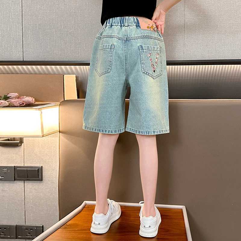 Girls back pocket letter mid-pants fashionable and versatile medium-sized childrens waist wide-leg pants casualC250617