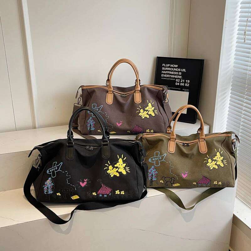 colorful cartoon graffiti pattern womens boston travel clothes bags large capacity shoulder duffle bag canvas crossbody handbag