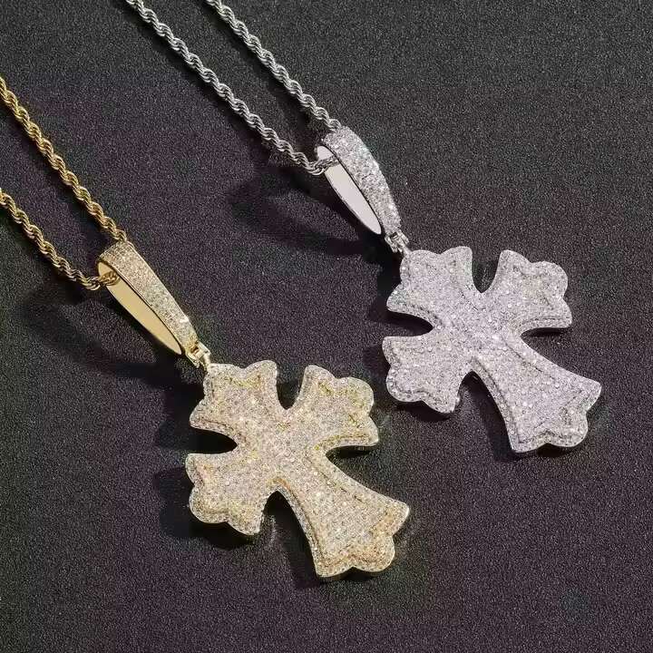 Trendy Cross Pendant 1 Inch Moissanite Round Cut Diamond in Silver Plated Design Fashion Necklace for Spiritual Style Now In USA