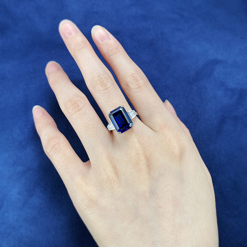 S925 Sterling Silver Emerald Cut Ring 10x14mm Royal Blue Gemstone