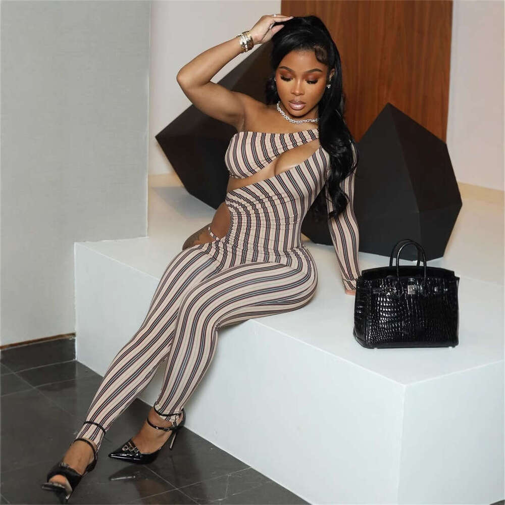 Autumn New Elastic Striped Slim Sexy Hot Girl Hollow Out Jumpsuit Bodysuit B5