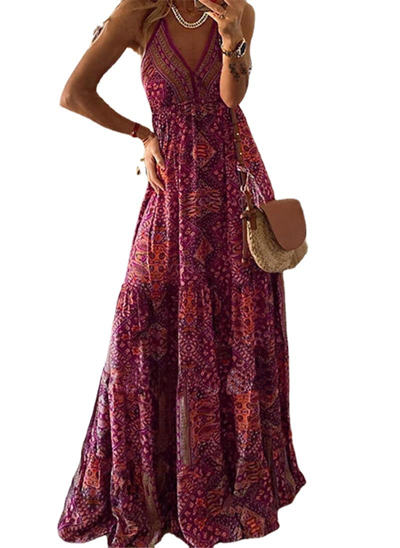 D617New bohemian style new suspender long skirt high waist V neck printed floral dress women's clothing