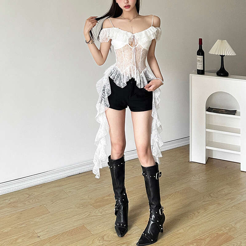 Spring New Women's Solid Color Slim Fit Street Fashion Off-Shoulder Strap Short Sleeve Top B5