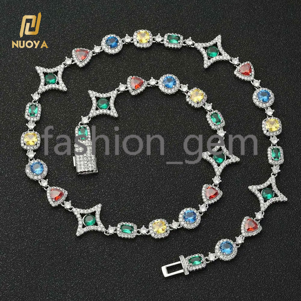 New Arrival Colorful Gemstone Chain for Women 18K Gold Plated Colored moissanite Geometry Motif Link Necklace Hip Hop Jewelry