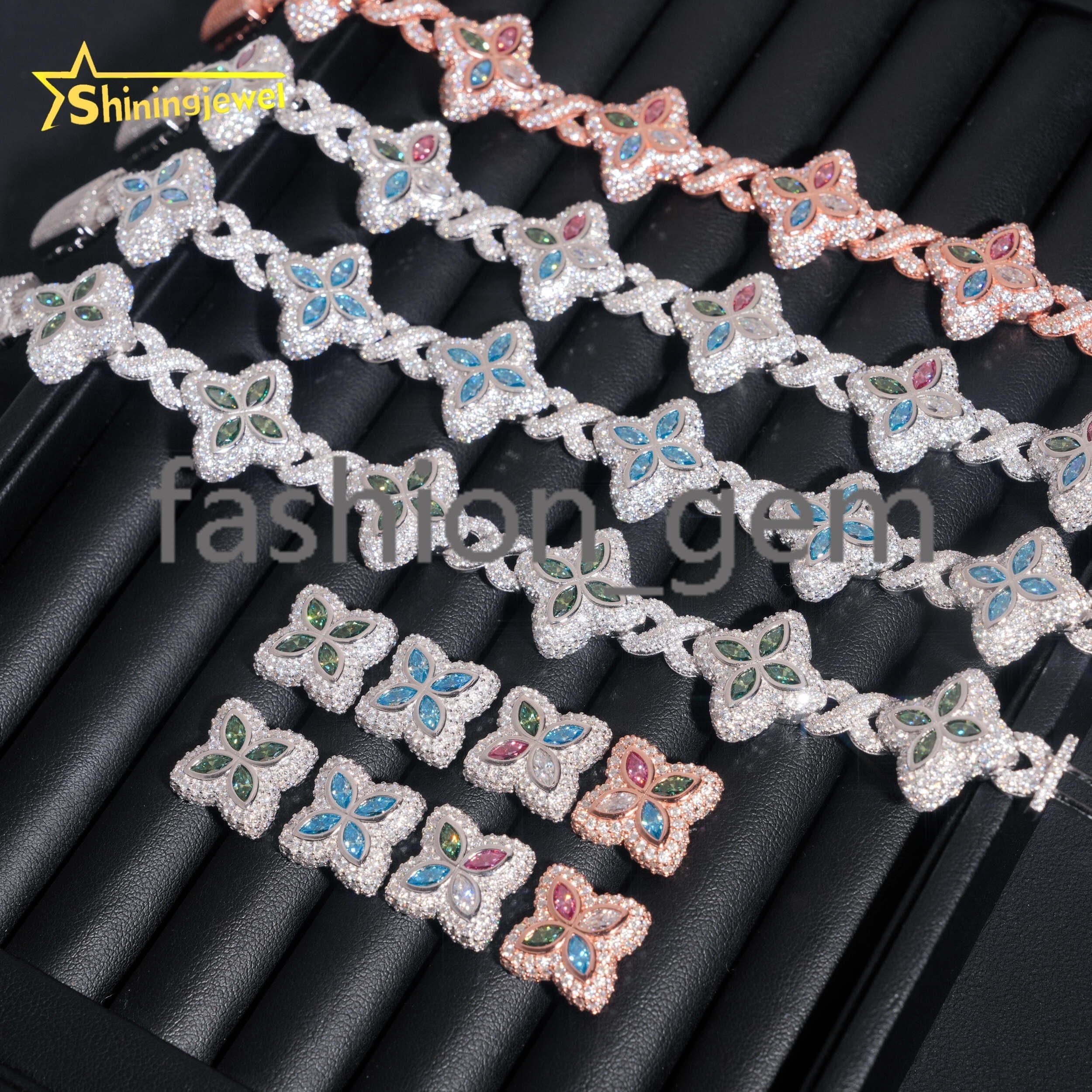 Iced Out Fine Jewelry Set Hip Hop 925 Silver 18MM Colored Marquise Flower Moissanite Bracelet with Earrings GRA Certificated