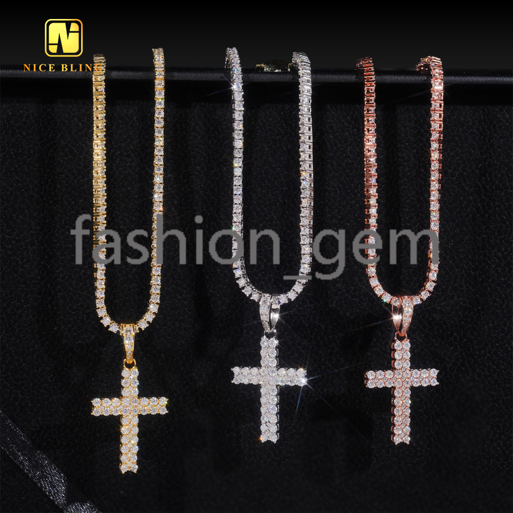 New Two Row Small Cross Pendant Moissanite Pendant Pass Diamond Tester Hip Hop Iced Out Pendant Religious Jewelry