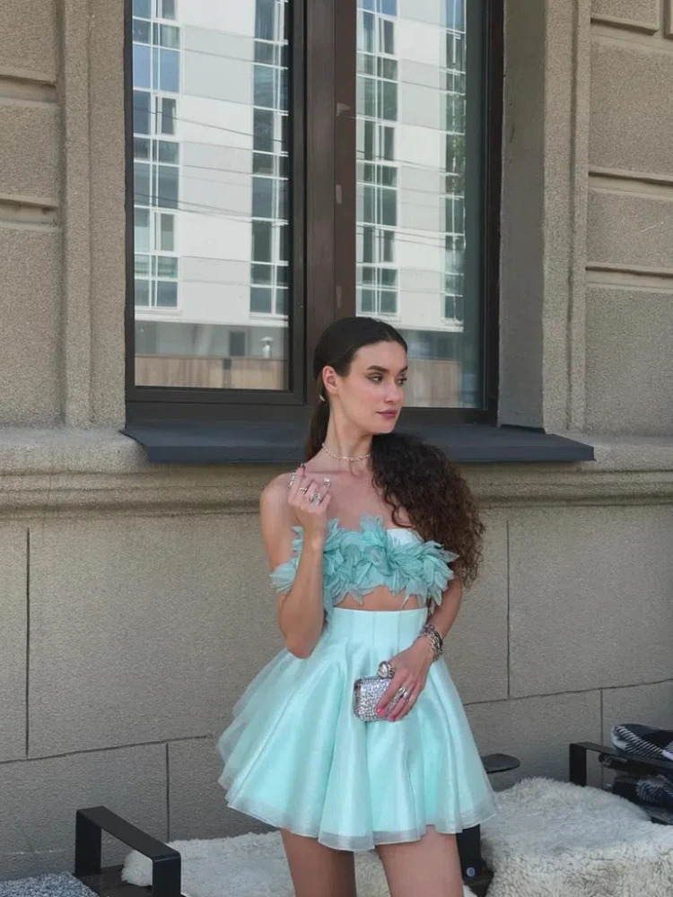 Sexy Pleated Flower Strapless Top Maxi Skirt Set Women Fashion Sleeveless Solid Shirt High Waist Skirts Sets Female Holiday Chic 250617