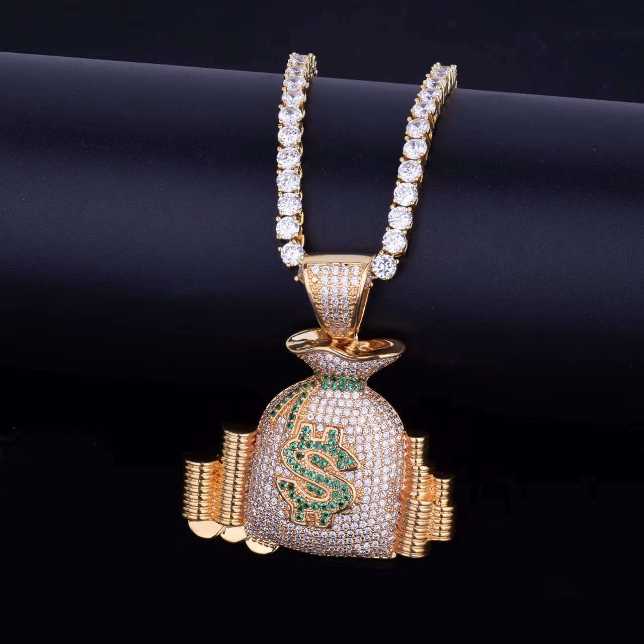 Hip Hop Style 18K Gold Silver Moissanite Money Bag Pendant with Stack Cash Coins Mens Womens Jewelry