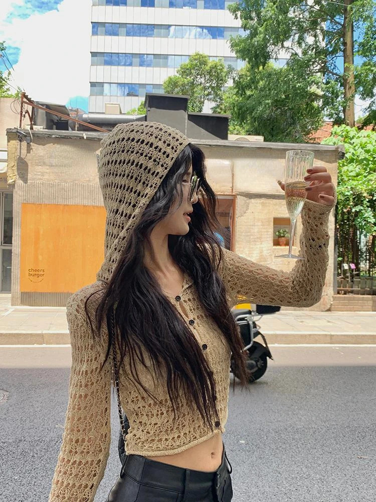 Fashion Cardigan Y2k Coat Solid Color Hollow Out Hooded Long Sleeve Short Smock Thin Summer Female Slim Womens Clothing 250617