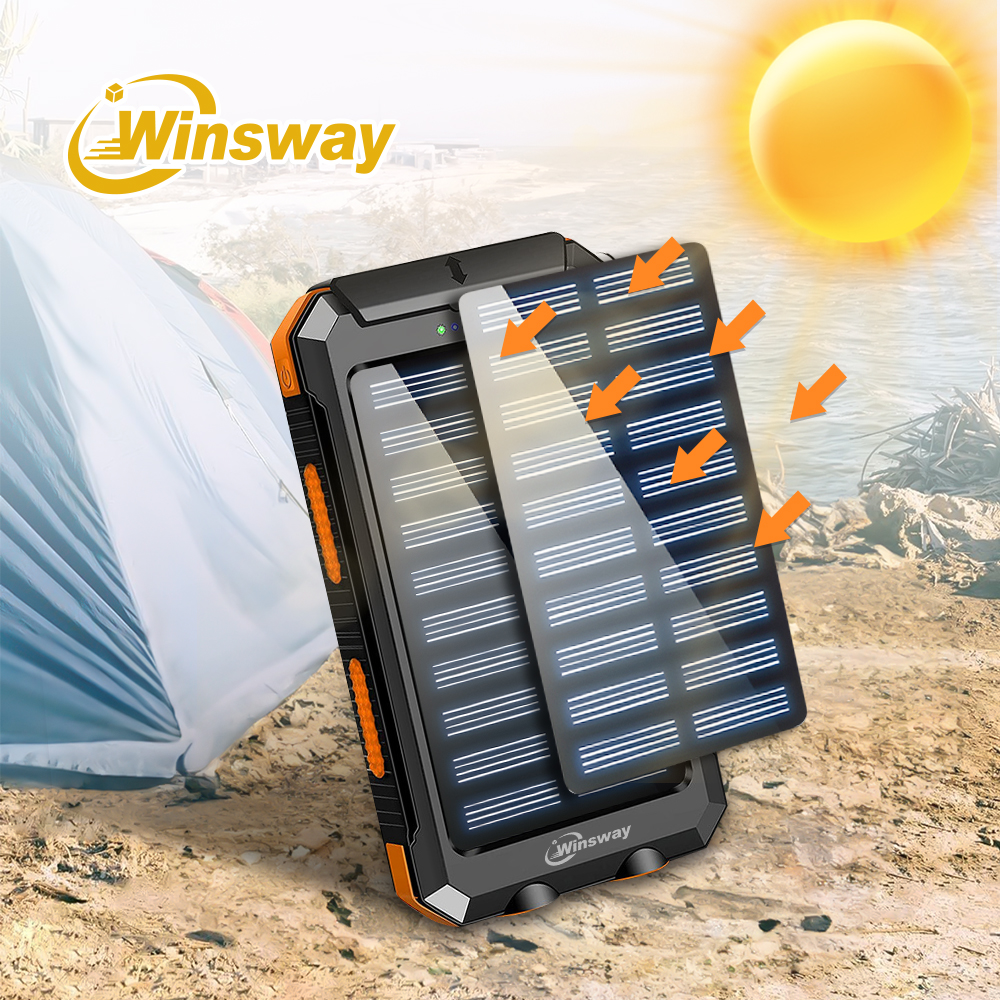 Winsway 10000mAh outdoor solar power bank, built-in two LED searchlights, compass, mountaineering clip for charging 3 devices, dedicated for mountaine