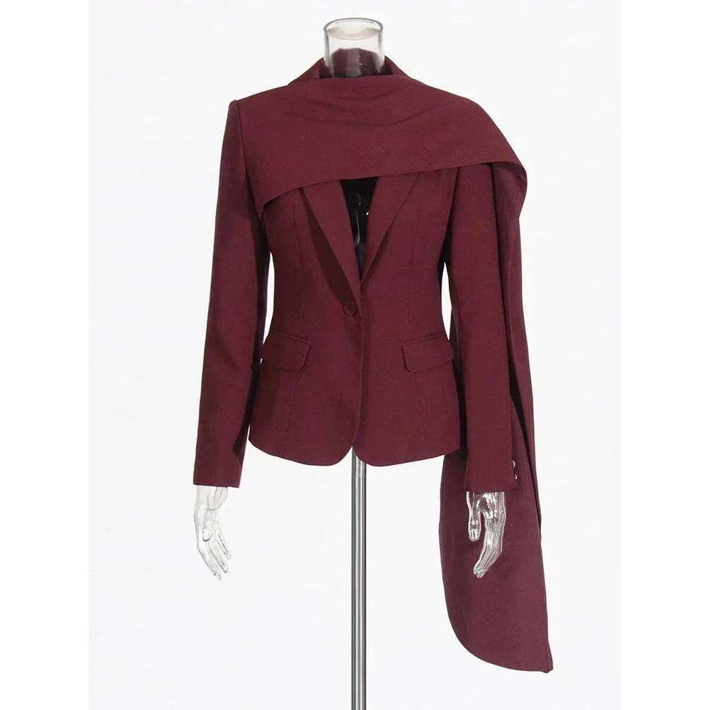 ROMISS Solid Spliced Pockets Irregular Jackets For Women Scarf Collar Long Sleeve Temperament Design Sense Coats Female Fashion