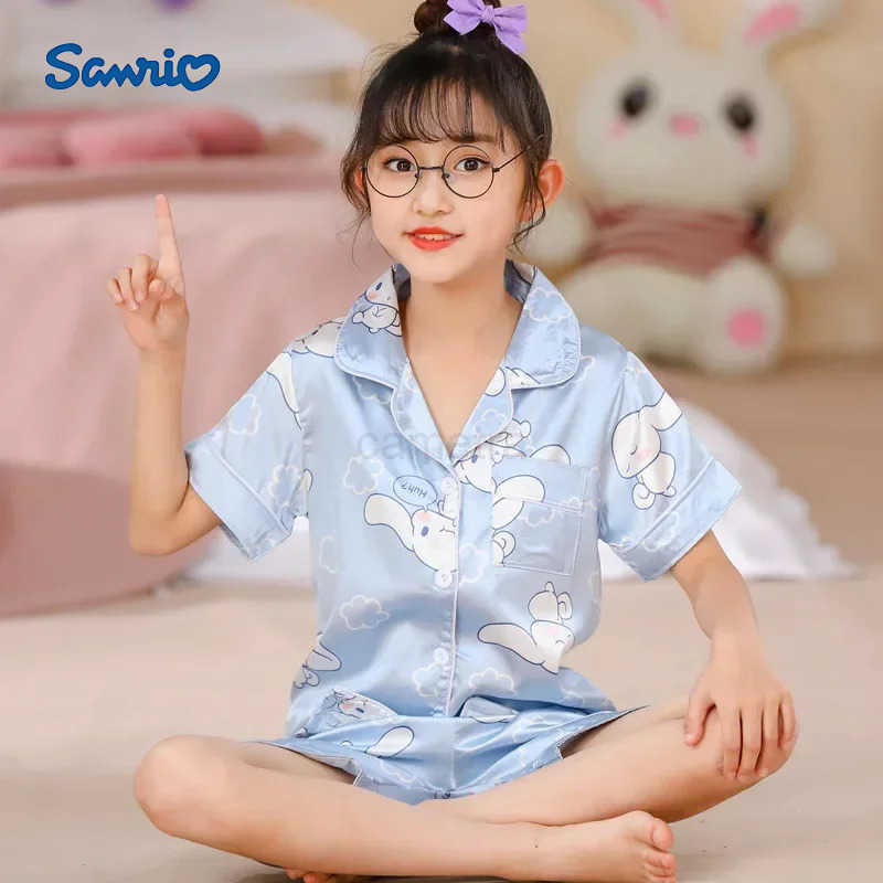 Sanrio PJ Girl Ice Silk Short Sleeve Cardigan Sweet Cute Cartoon Sleepwear Pajamas Robe Childrens Clothing Mother Kids XJ250618XJ250618