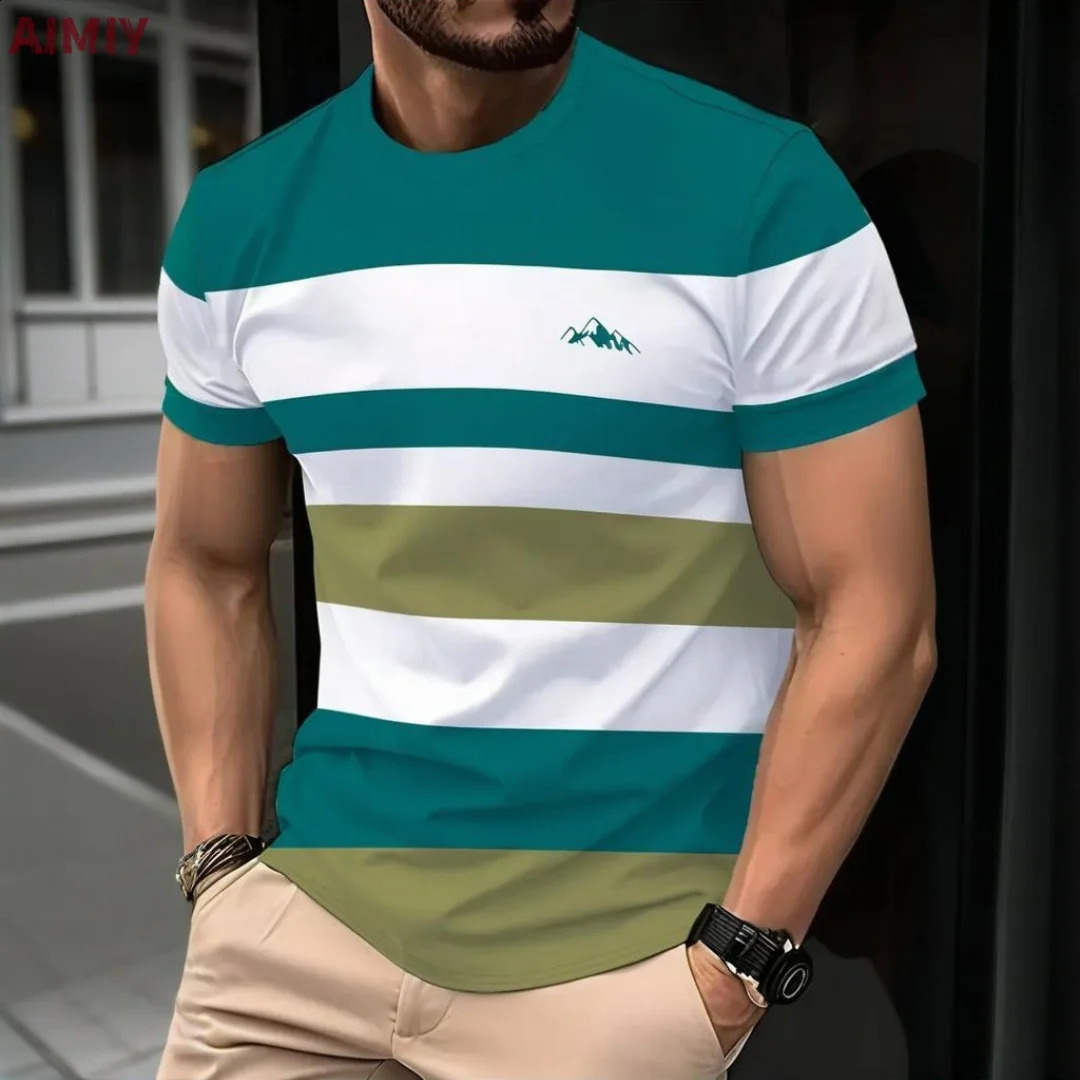 Mens Oversized Tshirt Summer Outdoor Casual Round Neck Short Sleeve Top Striped Printed Style OverSize Loose Clothing 250616
