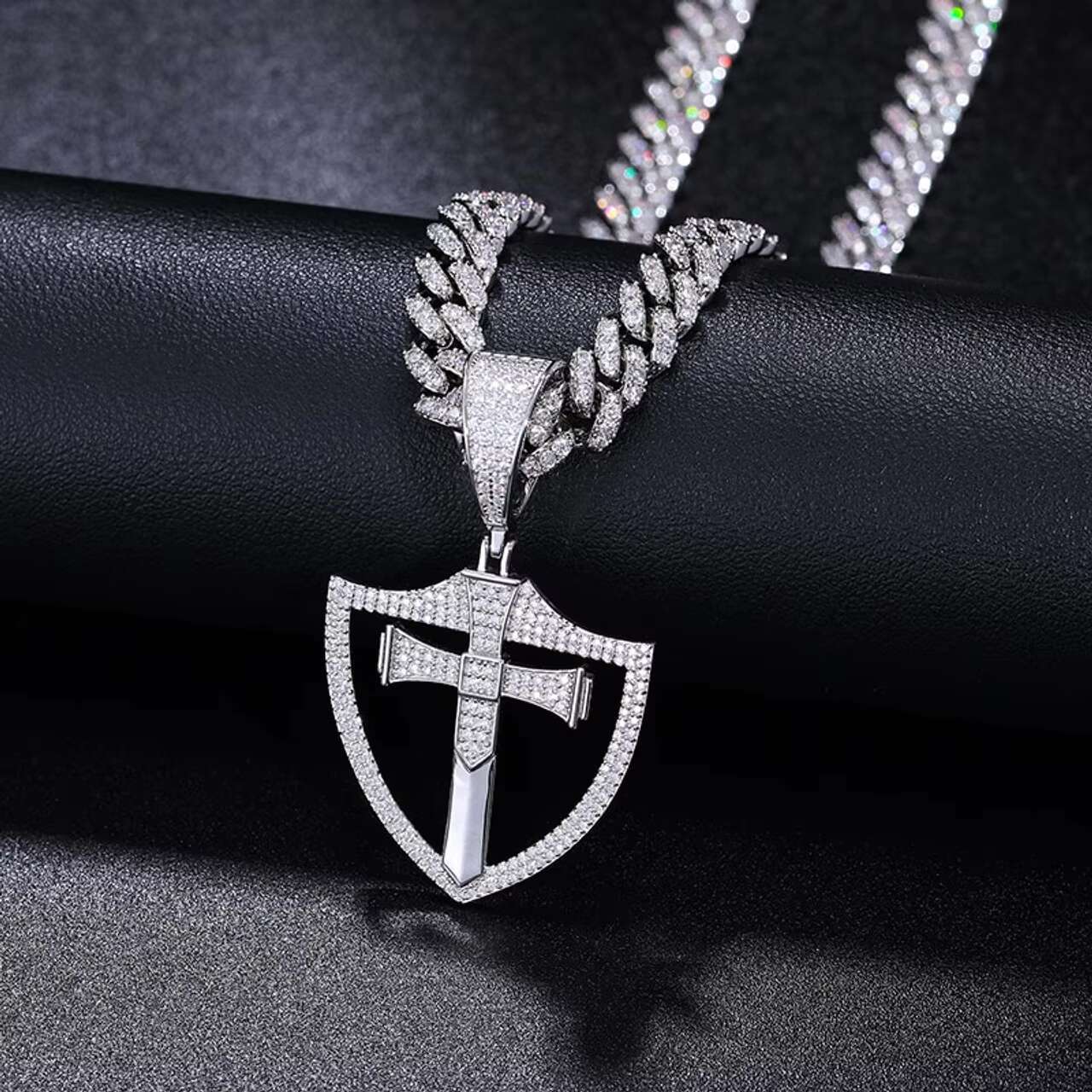 18K Gold Plated 925 Sterling Silver Mens VVS Moissanite Iced Shield Cross Pendant Christian Spiritual Charm