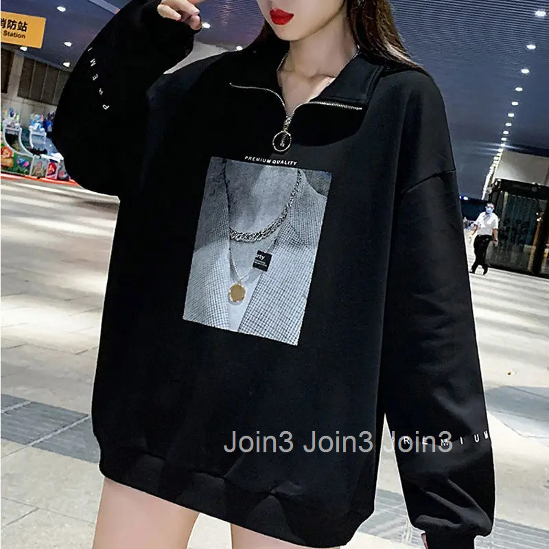 Full Zip Up Black Sweatshirts for Women with Zipper Pullovers Female Clothes Orint on Sport Long Sleeve Kpop Essential M E Tops